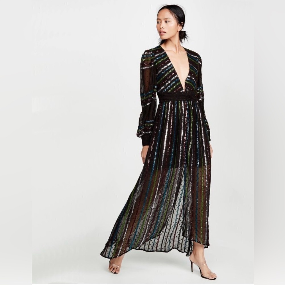NWT Rococo Sand black sequin
polka dot maxi dress